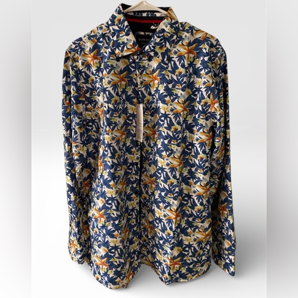 NWT Silver Stone Collection Navy and Orange Floral Long Sleeve Button Down Shirt